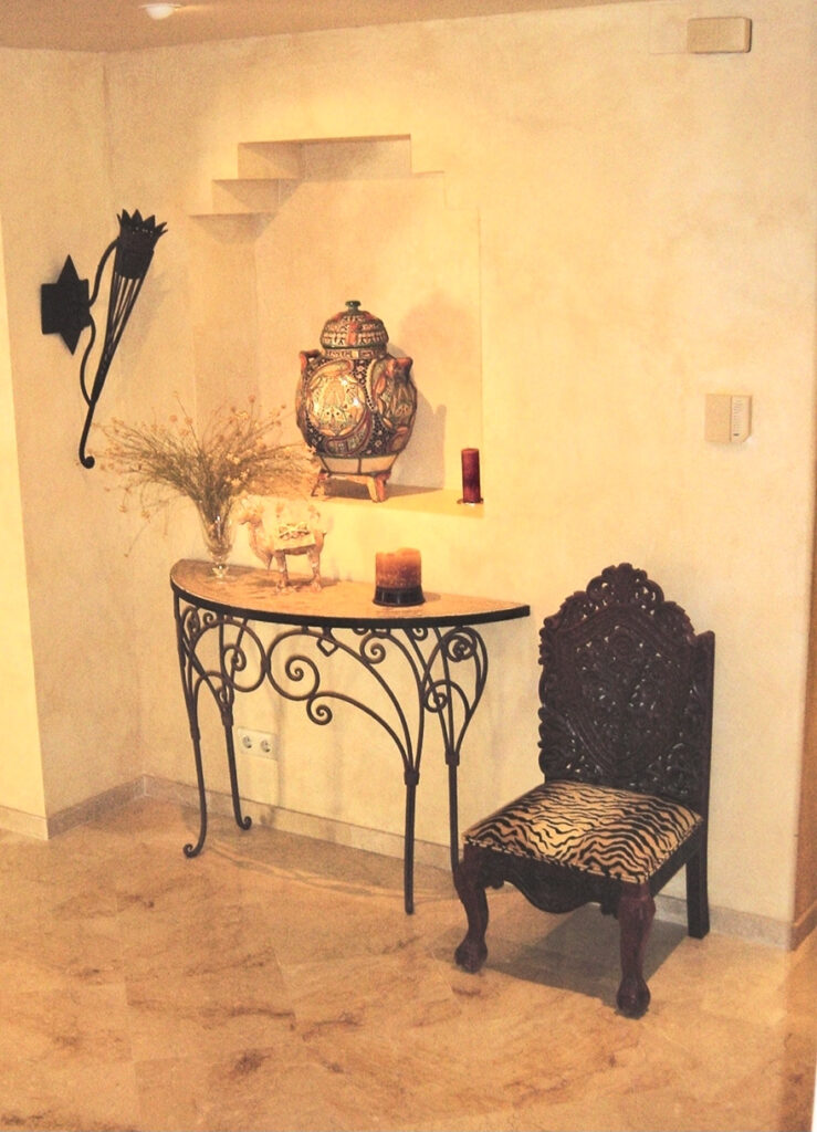 Entry Table with Zellige Top and Glazed and Metal Jar